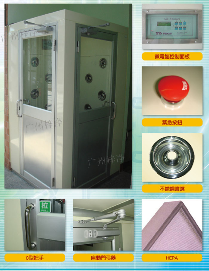 轉(zhuǎn)角風淋室吹淋原理:初效過濾器--離心風機--靜壓箱--高效過濾器--噴嘴高速噴出--內(nèi)循環(huán)風。